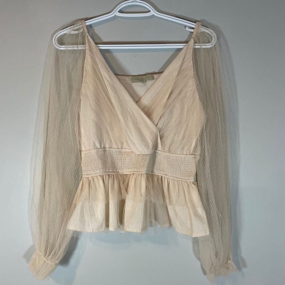 Dance & Marvel Womens Cream Sheer Swiss Dot Peplum Blouse M Coquette Fairy